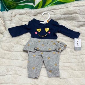 NWT Carters Newborn Blue Grey Gold Smiley Face Ruffle Two Piece Infant Baby Set